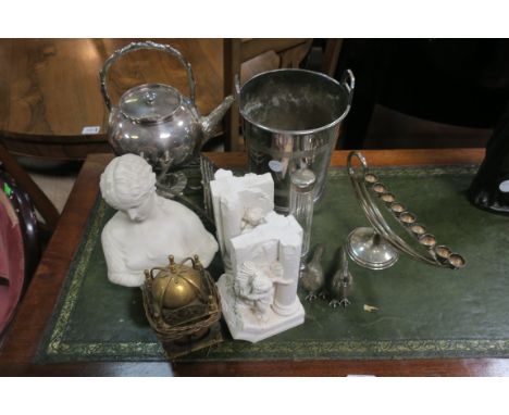 A MISCELLANEOUS COLLECTION, to include a plated pail, sterling silver candlestick, spirit kettle on stand, brass clock etc.