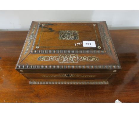 A ROSEWOOD AND MOTHER OF PEARL INLAID DRESSING TABLE BOX, of rectangular form and sloping sides and bobbin turned rim, with b