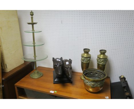 A COLDCAST FIGURE MODELLED AS GREYHOUND HEADS, together with cake stand &  collection of brass items and lamp (6) 