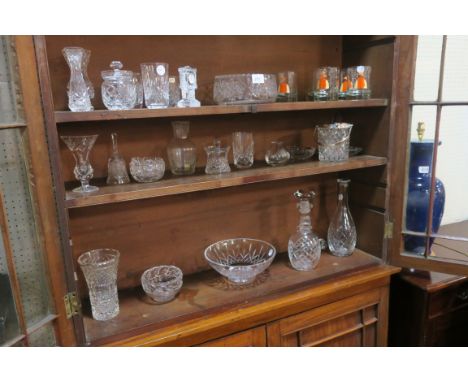 A COLLECTION OF GLASS, to include decanters, bowl, jam dish, clock, whiskey tumblers etc.