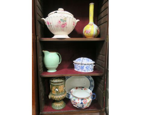 A MISCELLANEOUS COLLECTION OF PORCELAIN, including a blue and white "Porcelaine De Paris" oval dish and cover; a green glazed