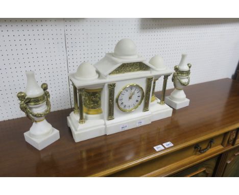 A WHITE MARBLE AND BRASS MANTLE CLOCK GARNITURE IN CLASSICAL STYLE the rectangular breakfront clock headed by domed mounts wi