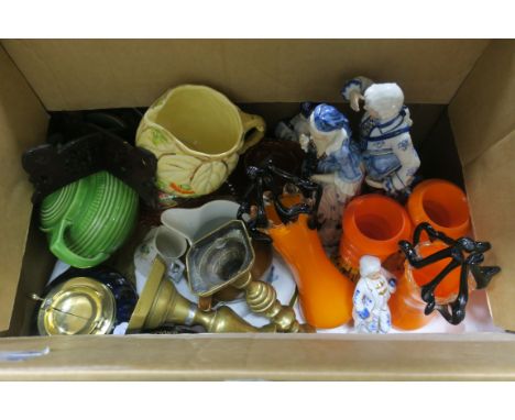 A MISCELLANEOUS COLLECTION, including a pink lustreware sugar bowl with lid and milk jug; a pair of enamelled metal vases; bl