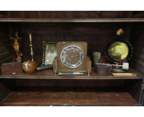 A MISCELLANEOUS COLLECTION, including an Oak cased mantel clock with silvered dial and numerals, a brass gong and beater, a b