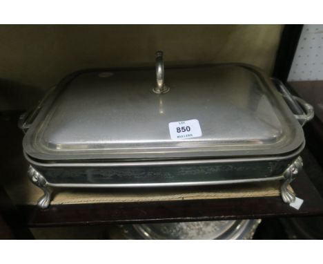 A PAIR OF SERVING DISHES of rectangular form on claw feet together with a four piece plated tea and coffe service, cocktail s