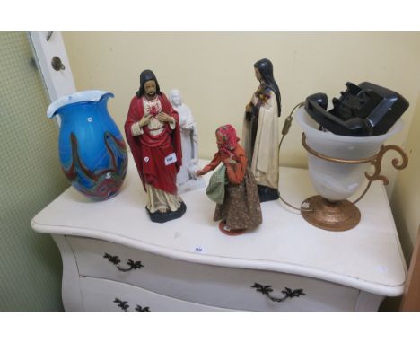 MISCELLANEOUS COLLECTION, to include religious statues, telephone, multi colour glass vase etc etc etc 