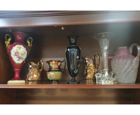 A MISCELLANEOUS COLLECTION, including four lustre ware jugs, a painted black vase of baluster form, a berlin style painted po