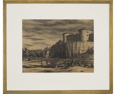 * SIR MUIRHEAD BONE (SCOTTISH 1876 - 1953), THE PUERTO DEL CASTILLO, THE PRISON, AND THE ROMAN WALLS, LEON mixed media on pap