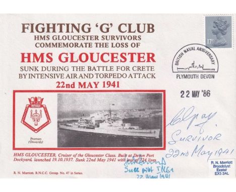 Loss HMS Gloucester 1941 Signed Survivor C Gray and Luftwaffe JU88 Pilot J Stamp. 22 May 86 Plymouth Fighting G Club HMS Glou