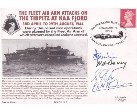 HMS Furious Fleet Air Arm Attacks on the Tirpitz Signed by 4 Pilots and Crew in action. 17 July 94 Scapa Flow 50th Anniv Flee