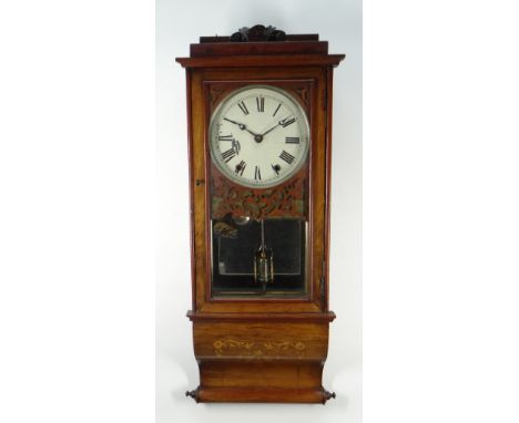 19TH CENTURY AMERICAN WALNUT MARQUETRY DROP DIAL WALL CLOCK, painted Roman dial and brass bobbin pendulum with linnet lithogr