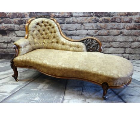 GOOD MID-VICTORIAN WALNUT SERPENTINE CHAISE LONGUE, carved and pierced back with button upholstery, deeply carved foliate scr
