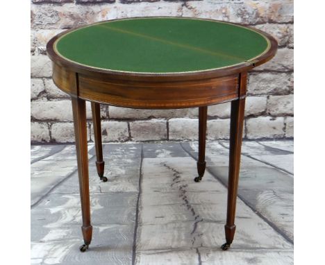 GEORGE III-STYLE MAHOGANY, SATINWOOD CROSSBANDED &amp; BOXWOOD STRUNG CARD TABLE, of demi lune form, with green baize and too