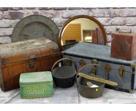 ASSORTED METALWARE including two travelling trunks, large cooking pans, vintage brass door furniture and a vintage petrol can