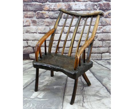 PRIMITIVE OAK & ASH ARMCHAIR, raked comb back with spindles and down-turned arms, thick shaped seat, splayed back legs, 66 x 