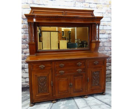 LATE VICTORIAN WALNUT MIRROR BACK SIDEBOARD, label for P E Gane, Cardiff, architectural top on Corinthian column supports, ca