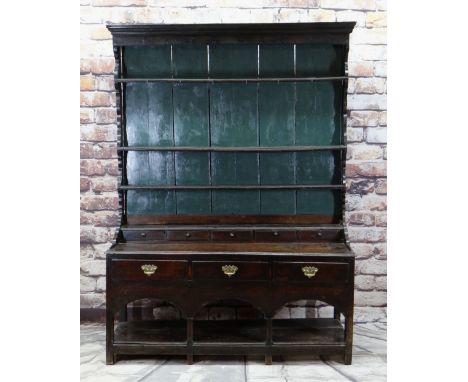 18TH CENTURY JOINED OAK WELSH DRESSER, probably Carmarthenshire, later painted boarded rack with cornice and shaped sides, ab