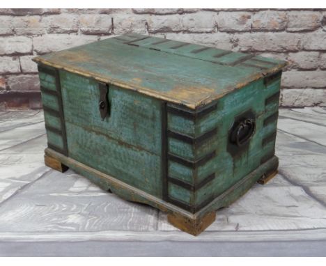 LARGE INDIAN TRUNK, with wrought iron straps, handles and clasp lock, painted green, 94 x 67 x 54cm 