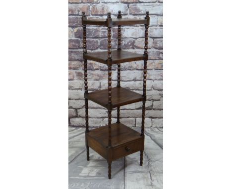 REPRODUCTION OAK FOUR-TIER WHATNOT with drawer base, tiers separated by bobbin turned uprights, 140cms high