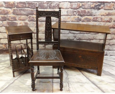 ASSORTED OCCASIONAL FURNITURE including carved oak monk's bench, canterbury/table and a side chair (3) Condition Report: scuf