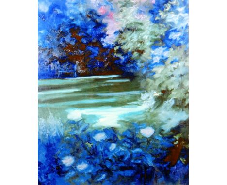 PETE DANIELS (b.1937) colour print - garden scene in blue and green, 54 x 44cms Presentation &amp; Condition: no problems, ne