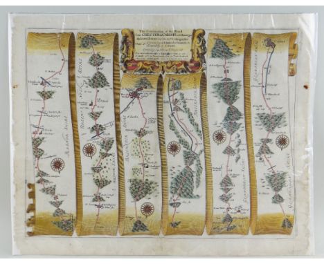 JOHN OGILVY antique road map of Chester to Cardiff, 1675, later coloured, 39 x 48cms, unframed 