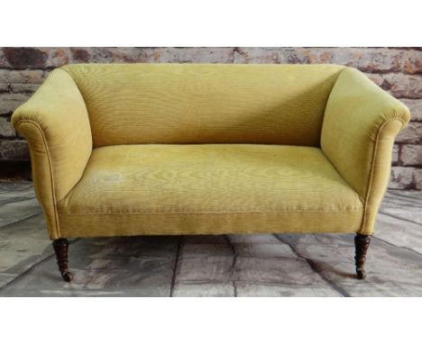 VICTORIAN WALNUT TWO-SEATER SOFA, later yellow ribbed upholstery, turned legs, castors 142 x 70cms