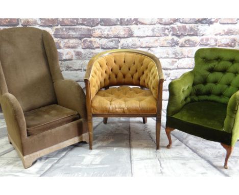 THREE VINTAGE EASY CHAIRS, two button-upholstered, the wingback with Arts &amp; Crafts style carved feet (3)