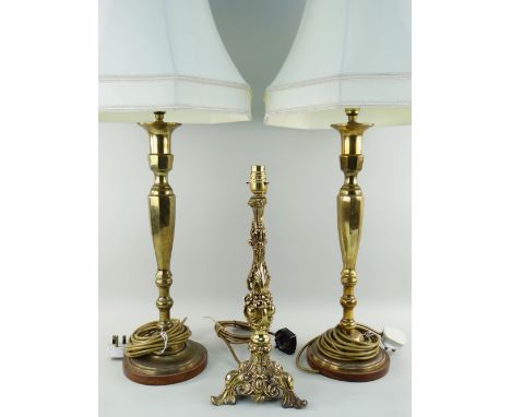 PAIR OF CONTINENTAL BRASS TABLE LAMPS on wooden bases with ivory cloth shades, sticks 40cms high and a continental rococo-sty