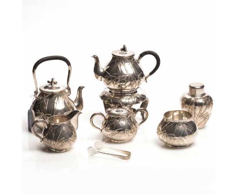 JAPANESE TAISHO PERIOD SILVER TEA SERVICE
circa 1920, stamped 'Sterling' and with 'Jungin' character mark, comprising a tea k