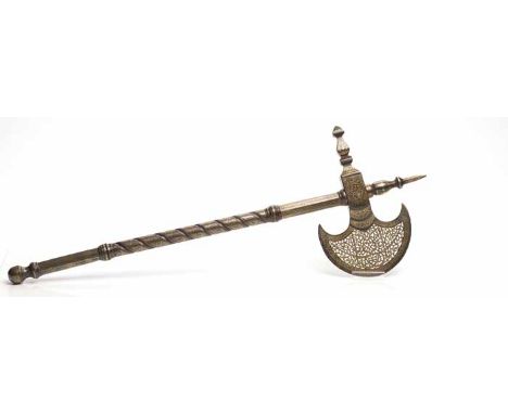 PERSIAN STEEL AXE 
the half-moon shaped blade with pierced and gilded decoration, turned column support, 81cm long
