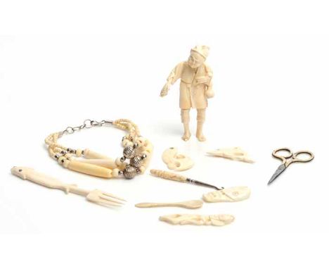 EARLY 20TH CENTURY JAPANESE IVORY OKIMONO AND A COLLECTION OF EARLY 20TH CENTURY IVORY AND BONE OBJECTS
the male figure 10cm 