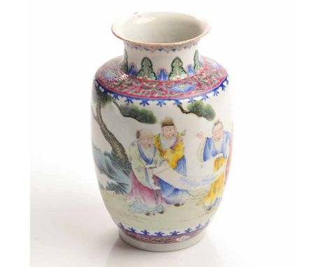 LATE 19TH/EARLY 20TH CENTURY CHINESE FAMILLE ROSE VASE
with trumpet neck and baluster body, depicting scholars unfolding a sc