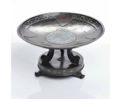 EARLY 20TH CENTURY CHINESE CLOISONNE COMPORT
the circular dish on three splayed legs on an integrated circular tripod stand, 