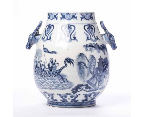 20TH CENTURY CHINESE BLUE AND WHITE VASE 
with figures on the water and architectural features, mark to base, 24cm high 