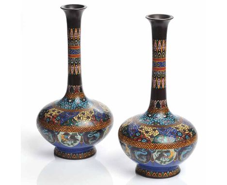 PAIR OF EARLY 20TH CENTURY CHINESE CLOISONNE ENAMEL VASES
with tall trumpet neck and globular body, 38cm high 