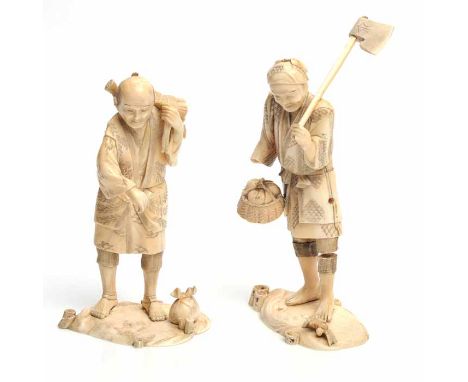 TWO LATE 19TH CENTURY JAPANESE IVORY OKIMONOS
one modelled as a standing axe man, signed, 16cm high; the other as a wood gath