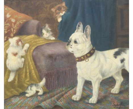 Sophie Pir (French, 1858-1936)The guardian - A French Bulldog and kittens signed 'Sophie Pir' (lower right)oil on canvas73 x 