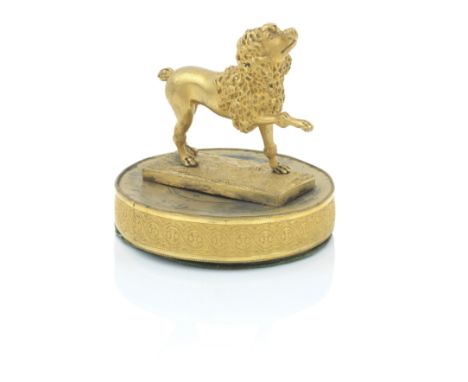 A late 19th century ormolu model of a PoodleRaised on a naturalist rectangular base, modelled with one leg raised, mounted on