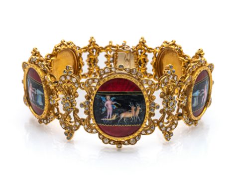 Armband mit EmailkunstItalien, 2. Hälfte 19.Jh.L 18 cm750/000 Gelbgold mit ca. 288 Diamantrosen zus. ca. 2,00 - 2,20 ct (gesc