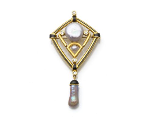 Brosch AnhängerDeutschland6,7 x 3,5 cm750/000 Gelbgold mit fünf Brillanten zus. ca. 0,10 ct G-H/VS-SI, zwei Barockperlen und 