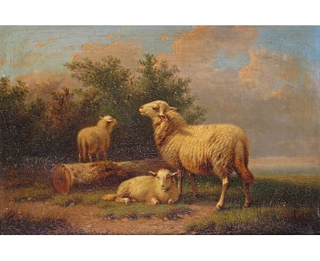 Joseph Van Dieghem (Belgian 1843-1885) Sheep and lambs by a sawn tree Signed and dated 77 Oil on panel 17 x 25cm; 6¾ x 9¾in +