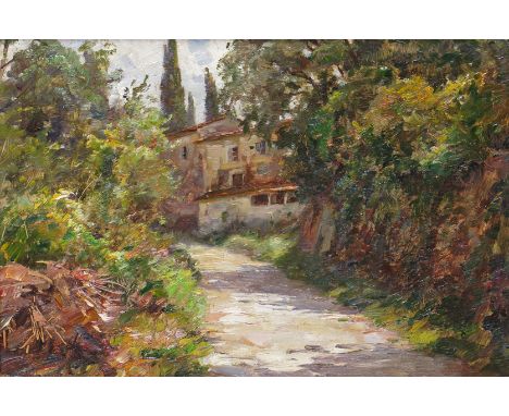 French School 20th Century Maison a campagne Titled and possibly signed indistinctly verso Oil on panel 21 x 29cm; 8¼ x 11¼in