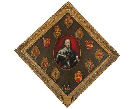 English School 18/19th Century Portrait of Charles I with armorial bearings of his adherents Oil on canvas 64 x 67cm; 25 x 26