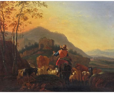 Follower of Nicolaes Berchem Rustics herding sheep and cattle in a Continental landscape Oil on canvas laid on panel with wax