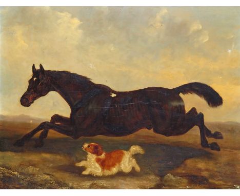 Follower of John Frederick Herring A horse and pet spaniel Oil on panel 39.5 x 50.5cm; 15½ x 20in ++Some bitumen visible in t