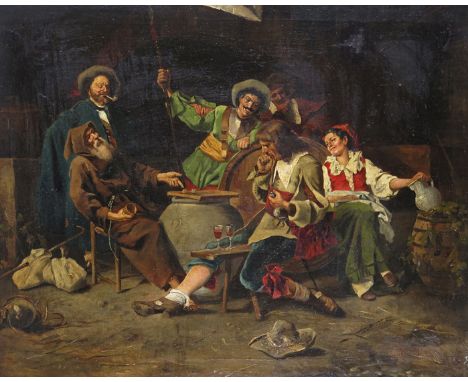 Continental School 19th Century Interior scene with figures and a monk playing dice Signed indistinctly Oil on canvas 64 x 79