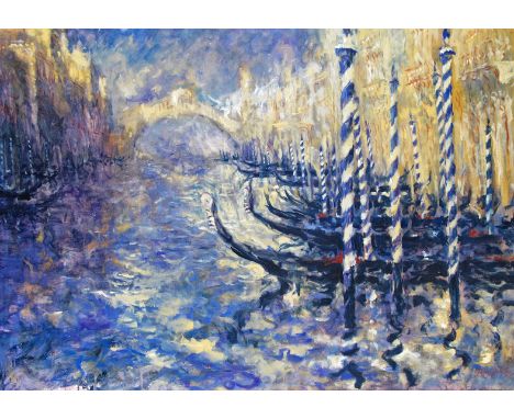  ‡Michael Heseltine (b.1961) The Rialto Bridge and gondolas, Venice Signed Oil on canvas 71 x 102cm; 28 x 40in ++One light sc