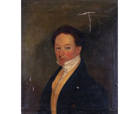 English School 19th Century Portrait of a gentleman Oil on canvas 62.5 x 54cm; 24 ½ x 21in ++Unlined, large T-shaped tear wit
