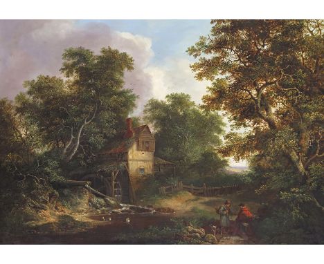 Edward Williams (1782-1855) Figures on a track by a working mill Inscribed indistinctly on a label verso Oil on panel 58 x 79